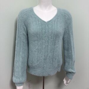 Abercrombie kids girls v neck soft fuzzy comfy sweater  blue green 15/16